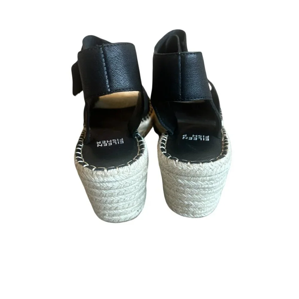 Eileen Fisher Weslia Black Wedge Sandals Espadrille Ankle Strap Size 9 Women's